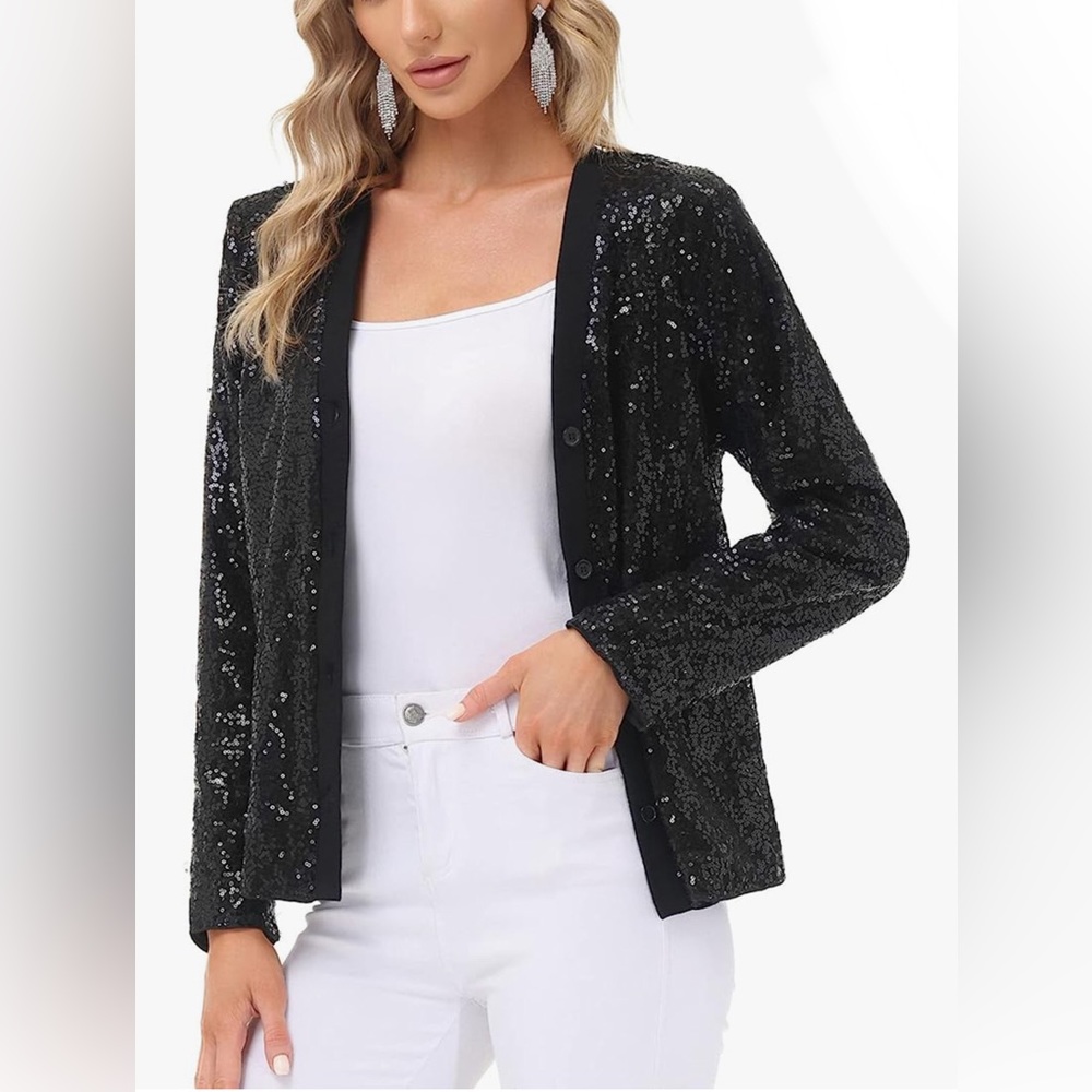 New KANCY KOLE Women's Sequin Jacket Long Sleeve Button Down Shrug Shiny  black